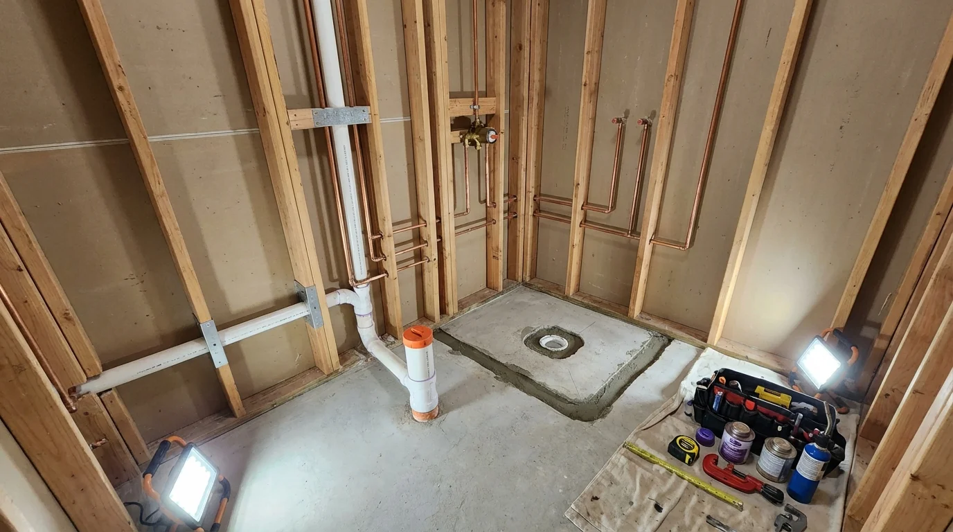 Bathroom rough-in plumbing during remodel by Johns Plumbing LLC in Boiling Springs