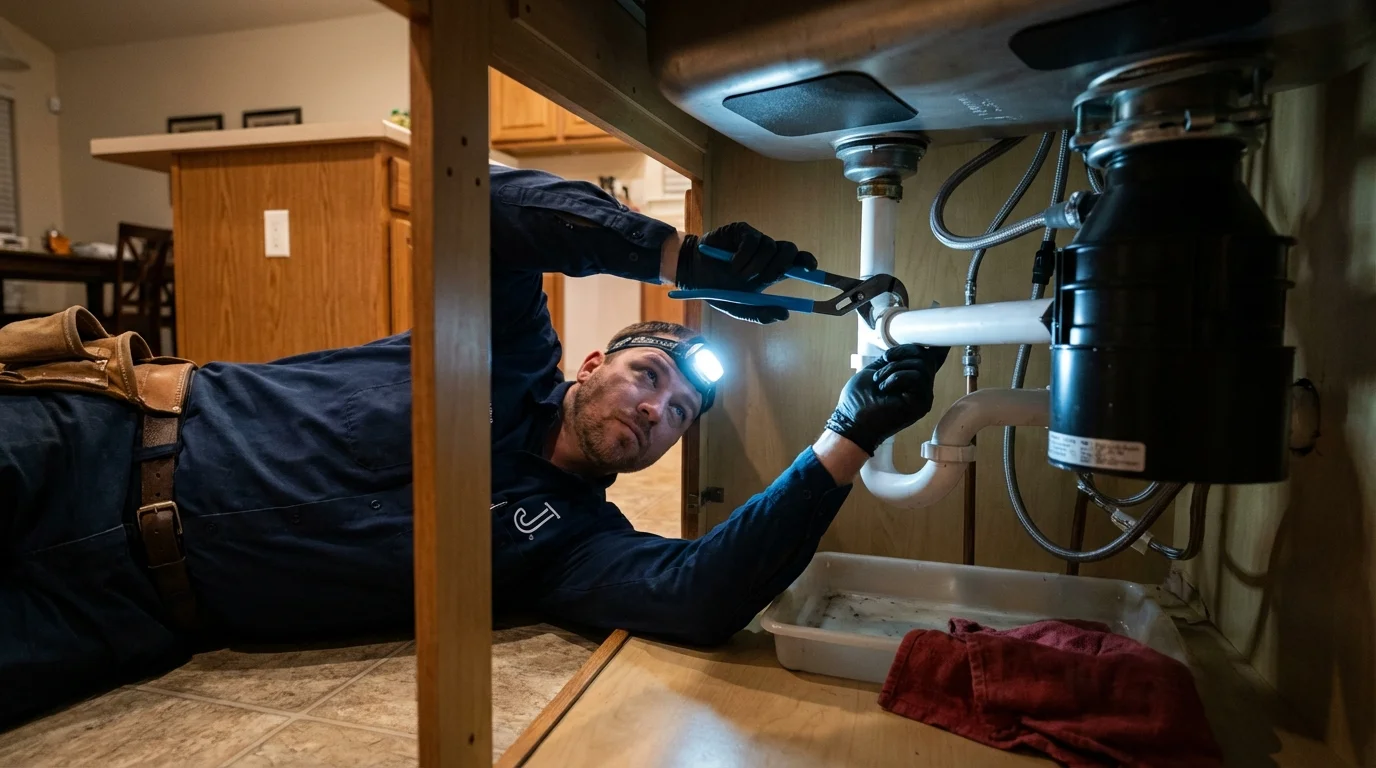 P-trap and supply line connections under a kitchen sink showing a common leak point in Boiling Springs, PA